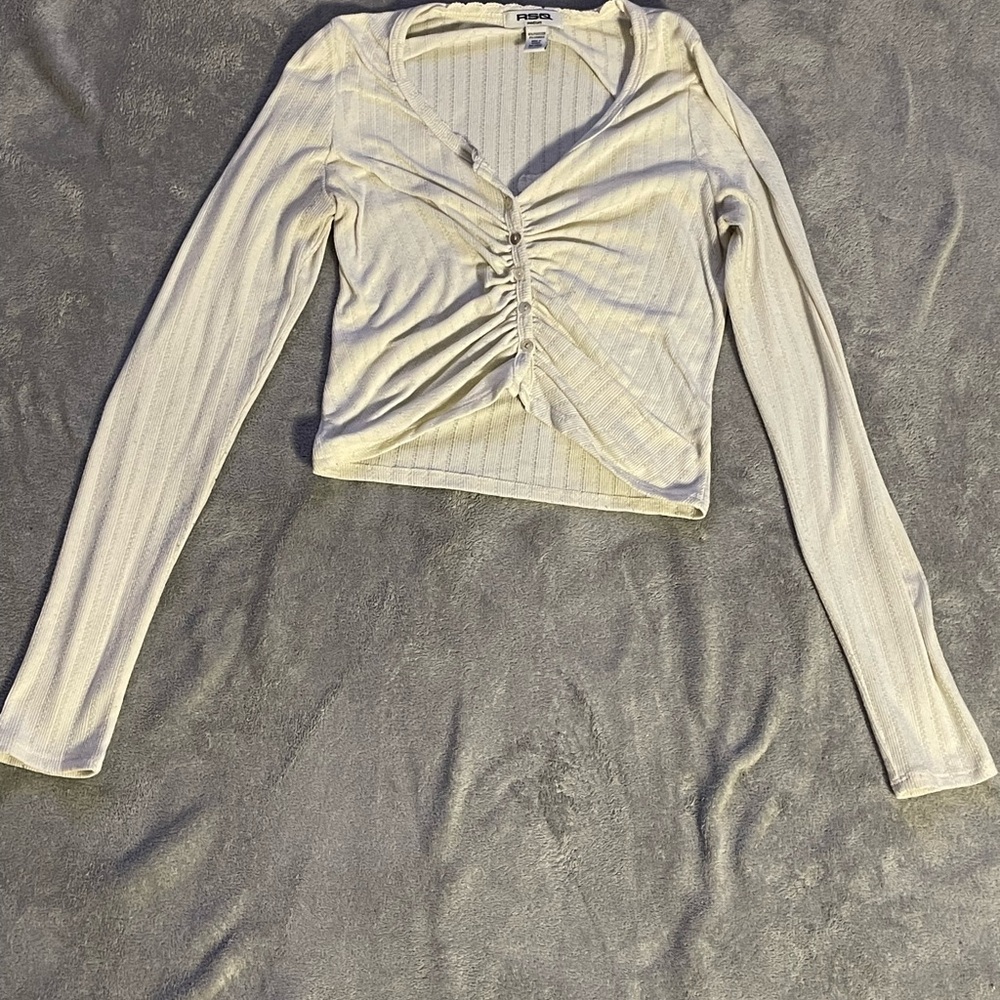 Tilly's Cream Ruched Ribbed Crop Blouse